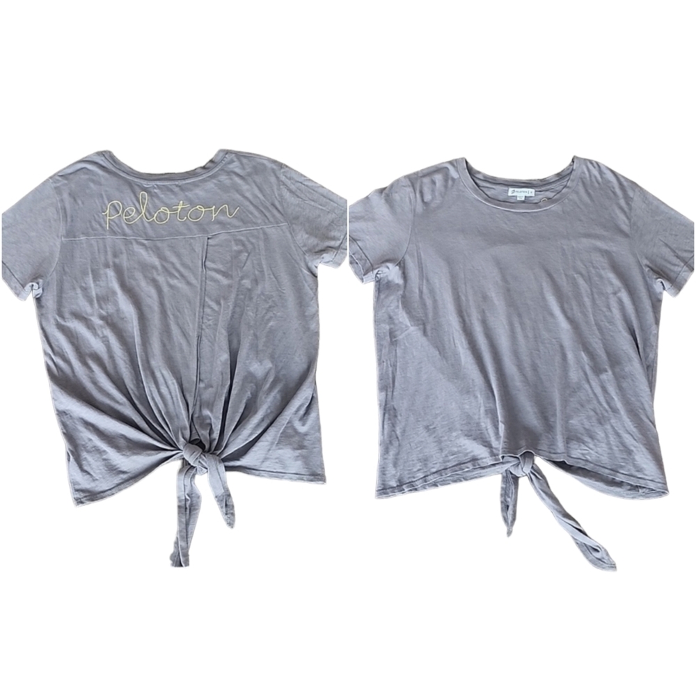 Peloton Embroidered Stitched Logo Split Cut Out and Tie Back Short Sleeve Top